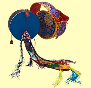 Chö-/Damaru-Trommel, blau mit blauem Etui